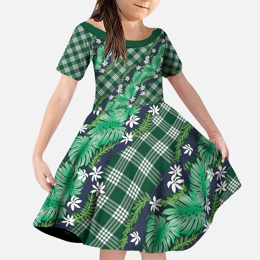 Polynesian Monstera Tiare Floral Family Matching Puletasi and Hawaiian Shirt Forest Green Tropical Plaid LT01 Daughter's Dress Green - Polynesian Pride