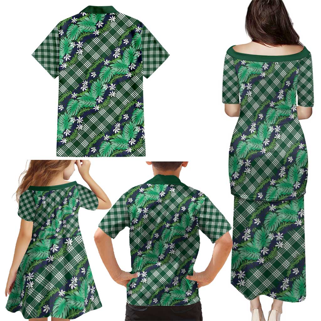 Polynesian Monstera Tiare Floral Family Matching Puletasi and Hawaiian Shirt Forest Green Tropical Plaid LT01 - Polynesian Pride