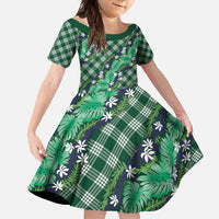Polynesian Monstera Tiare Floral Family Matching Short Sleeve Bodycon Dress and Hawaiian Shirt Forest Green Tropical Plaid LT01 Daughter's Dress Green - Polynesian Pride