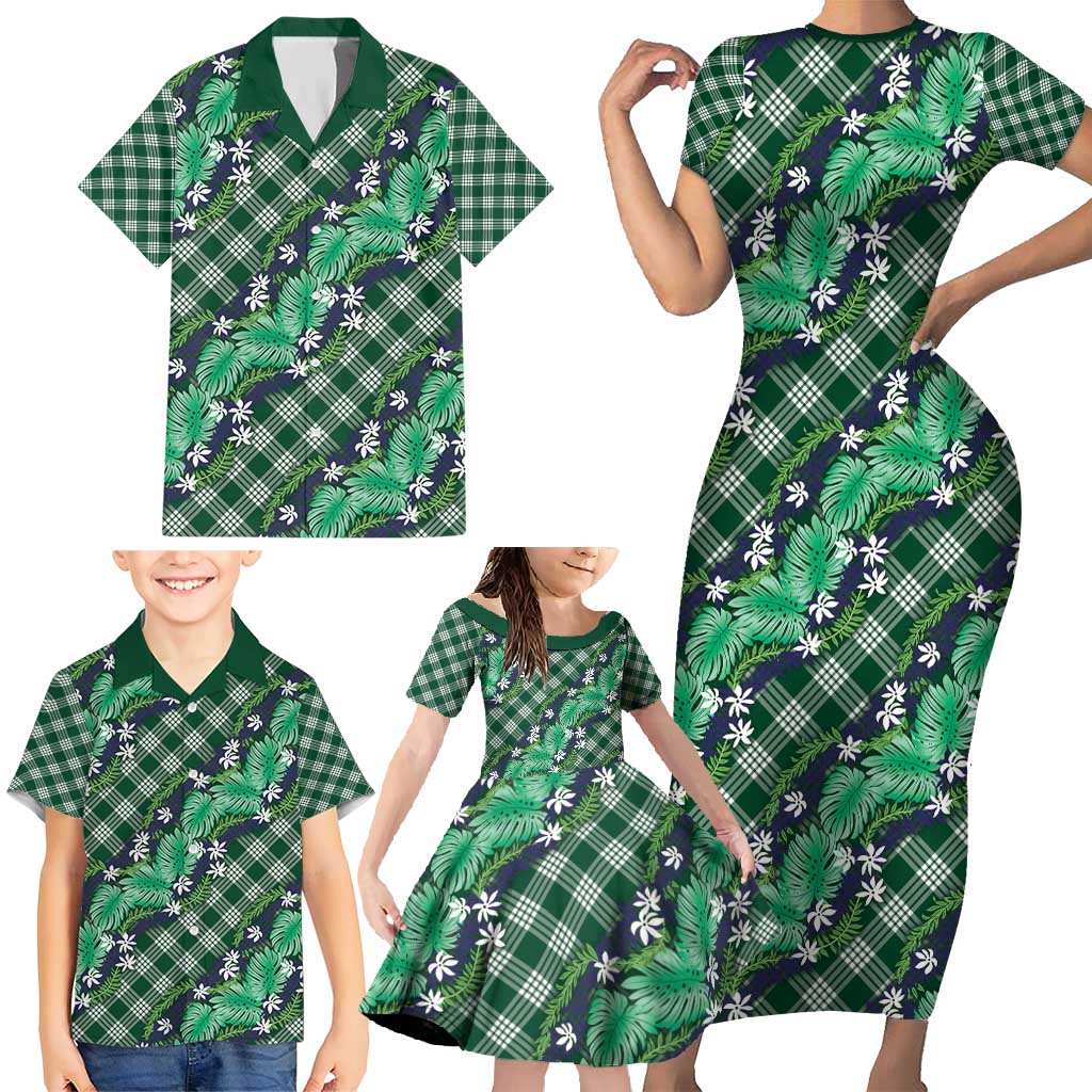 Polynesian Monstera Tiare Floral Family Matching Short Sleeve Bodycon Dress and Hawaiian Shirt Forest Green Tropical Plaid LT01 - Polynesian Pride