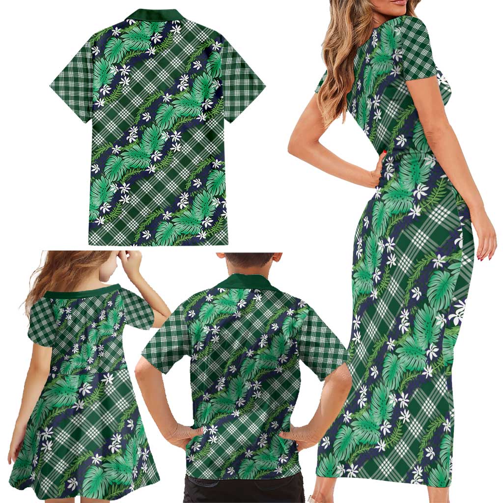 Polynesian Monstera Tiare Floral Family Matching Short Sleeve Bodycon Dress and Hawaiian Shirt Forest Green Tropical Plaid LT01 - Polynesian Pride