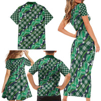 Polynesian Monstera Tiare Floral Family Matching Short Sleeve Bodycon Dress and Hawaiian Shirt Forest Green Tropical Plaid LT01 - Polynesian Pride