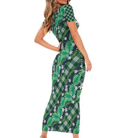 Polynesian Monstera Tiare Floral Family Matching Short Sleeve Bodycon Dress and Hawaiian Shirt Forest Green Tropical Plaid LT01 - Polynesian Pride