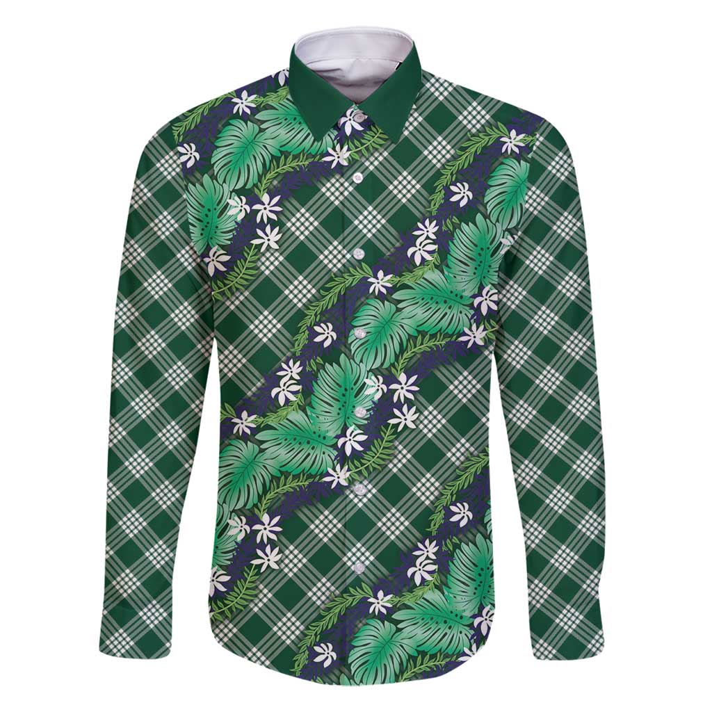 Polynesian Monstera Tiare Floral Family Matching Summer Maxi Dress and Hawaiian Shirt Forest Green Tropical Plaid LT01 Dad's Shirt - Long Sleeve Green - Polynesian Pride