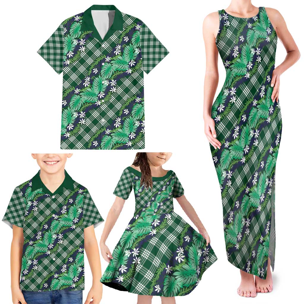 Polynesian Monstera Tiare Floral Family Matching Tank Maxi Dress and Hawaiian Shirt Forest Green Tropical Plaid LT01 - Polynesian Pride