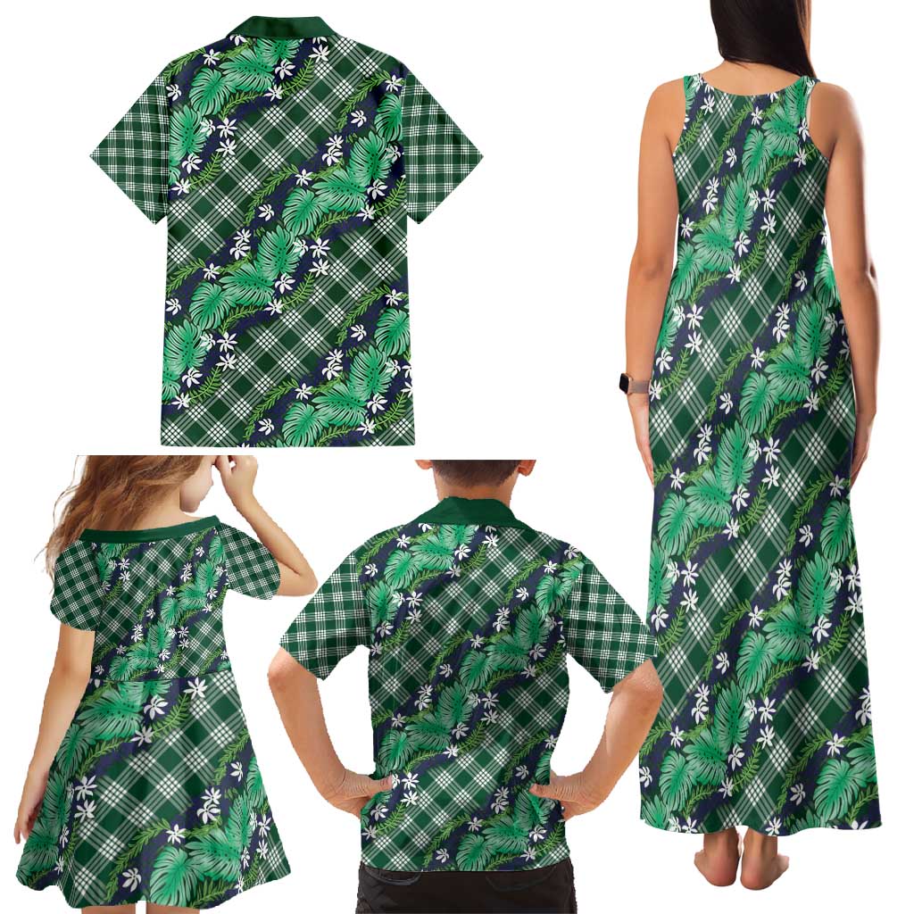 Polynesian Monstera Tiare Floral Family Matching Tank Maxi Dress and Hawaiian Shirt Forest Green Tropical Plaid LT01 - Polynesian Pride