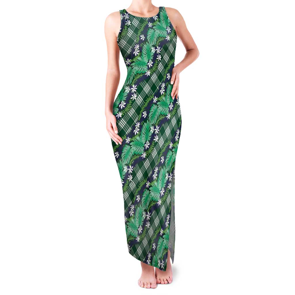 Polynesian Monstera Tiare Floral Family Matching Tank Maxi Dress and Hawaiian Shirt Forest Green Tropical Plaid LT01 Mom's Dress Green - Polynesian Pride