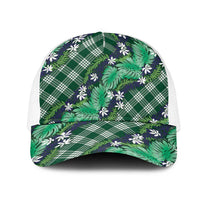 Polynesian Monstera Tiare Floral Mesh Trucker Cap Forest Green Tropical Plaid - Polynesian Pride