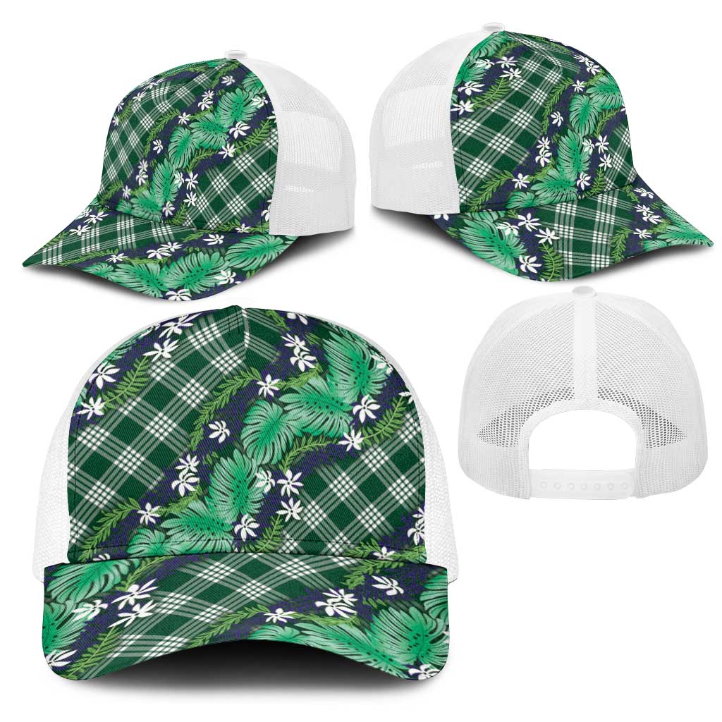 Polynesian Monstera Tiare Floral Mesh Trucker Cap Forest Green Tropical Plaid - Polynesian Pride