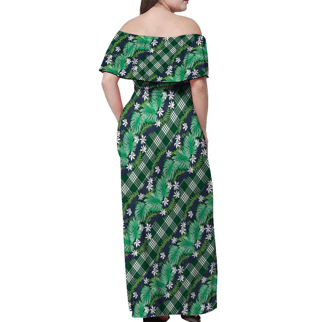Polynesian Monstera Tiare Floral Off Shoulder Maxi Dress Forest Green Tropical Plaid LT01 - Polynesian Pride