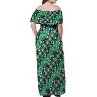 Polynesian Monstera Tiare Floral Off Shoulder Maxi Dress Forest Green Tropical Plaid LT01 - Polynesian Pride