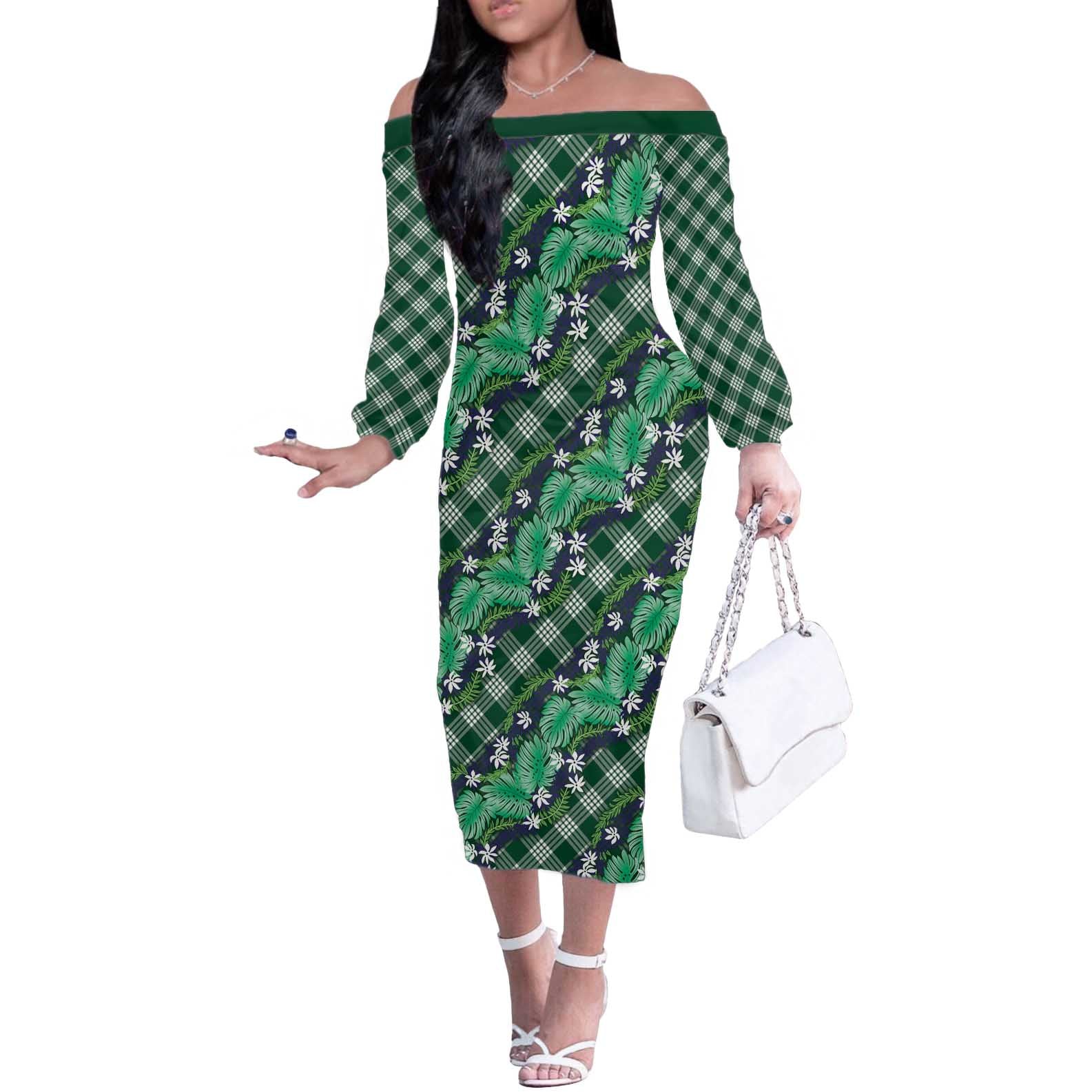 Polynesian Monstera Tiare Floral Off The Shoulder Long Sleeve Dress Forest Green Tropical Plaid LT01 Women Green - Polynesian Pride
