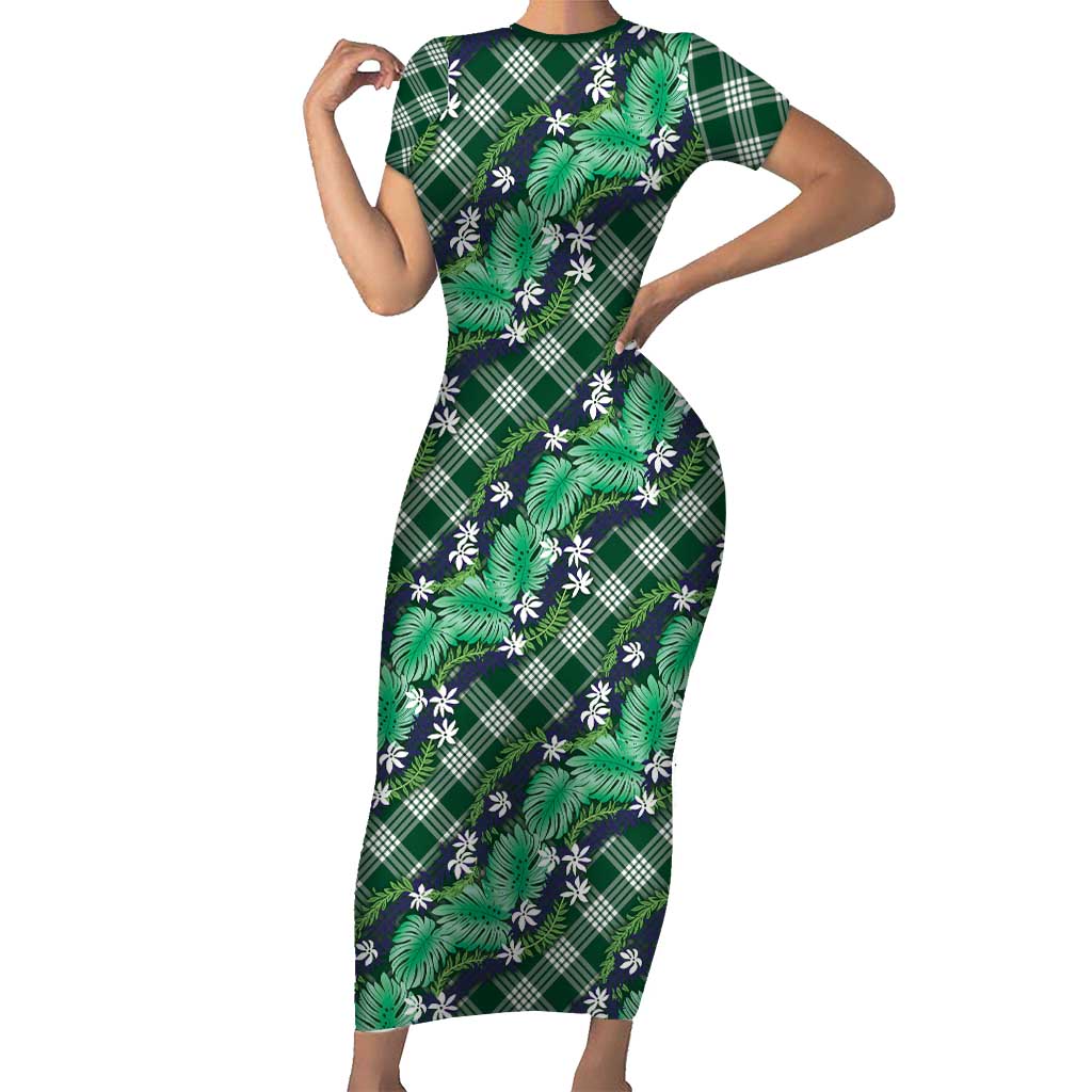 Polynesian Monstera Tiare Floral Short Sleeve Bodycon Dress Forest Green Tropical Plaid LT01 Long Dress Green - Polynesian Pride