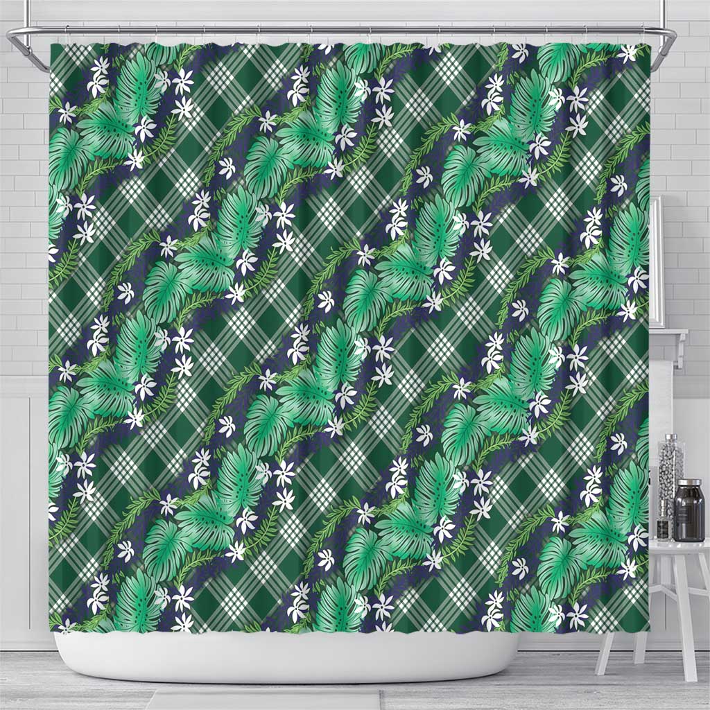 Polynesian Monstera Tiare Floral Shower Curtain Forest Green Tropical Plaid LT01 - Polynesian Pride