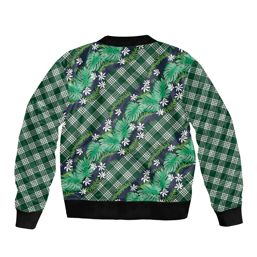 Polynesian Monstera Tiare Floral Sleeve Zip Bomber Jacket Forest Green Tropical Plaid - Polynesian Pride