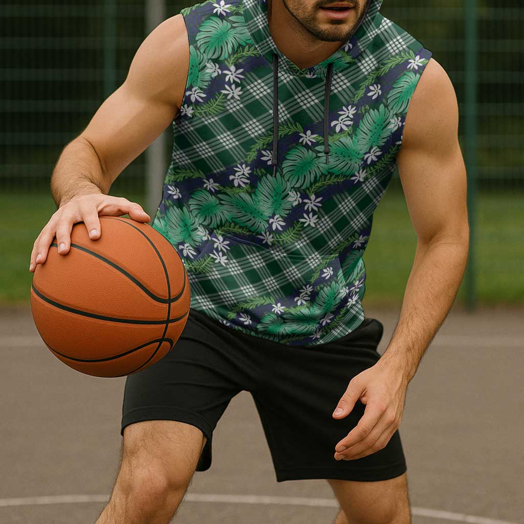 Polynesian Monstera Tiare Floral Sleeveless Hoodie Forest Green Tropical Plaid LT01 - Polynesian Pride