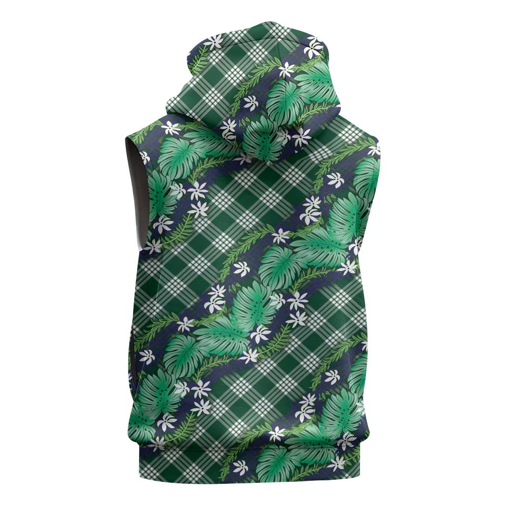 Polynesian Monstera Tiare Floral Sleeveless Zip Hoodie Forest Green Tropical Plaid - Polynesian Pride