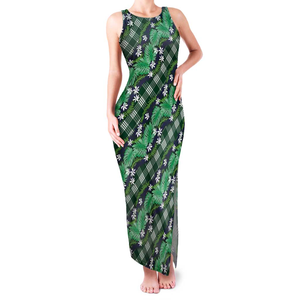 Polynesian Monstera Tiare Floral Tank Maxi Dress Forest Green Tropical Plaid - Polynesian Pride