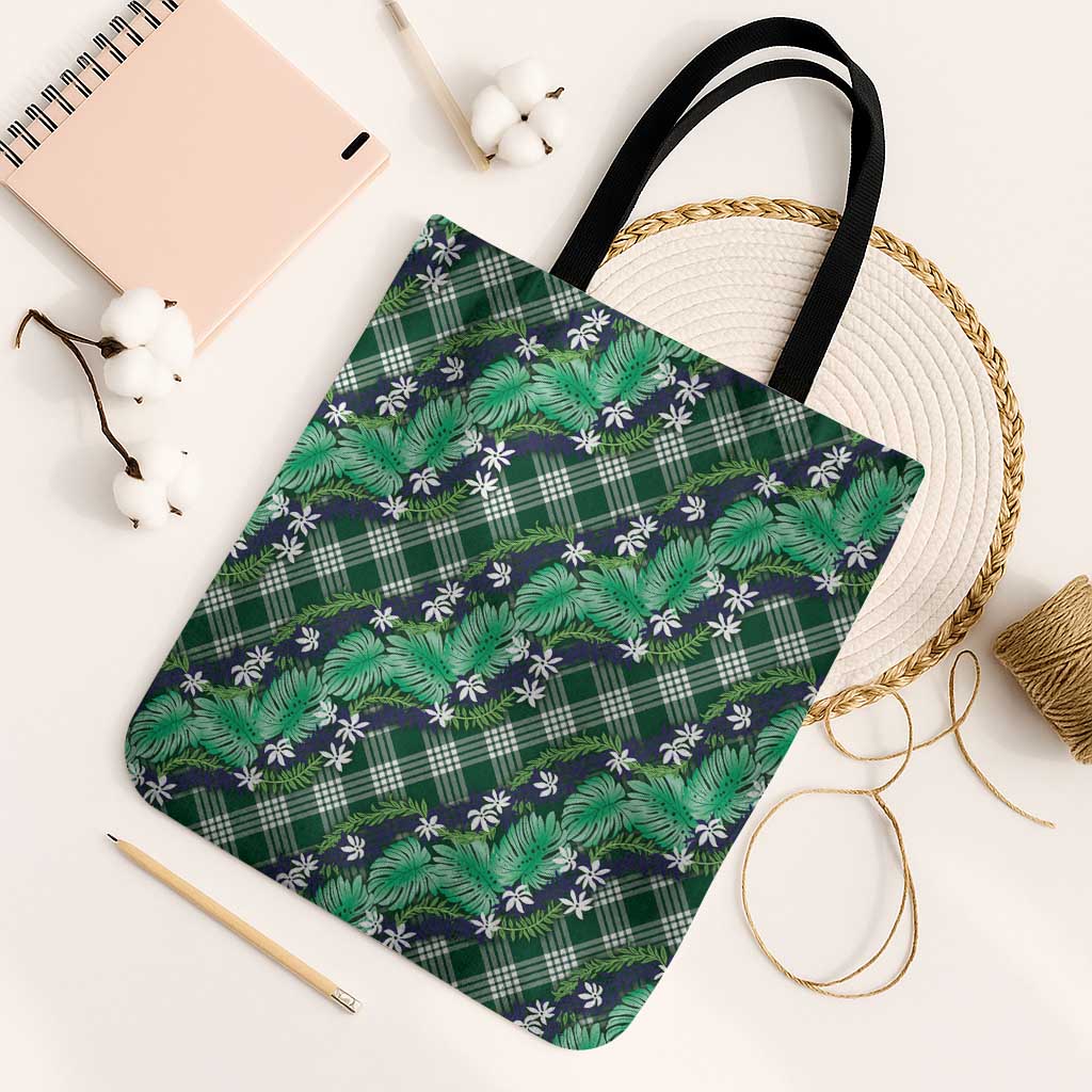 Polynesian Monstera Tiare Floral Tote Bag Forest Green Tropical Plaid - Polynesian Pride