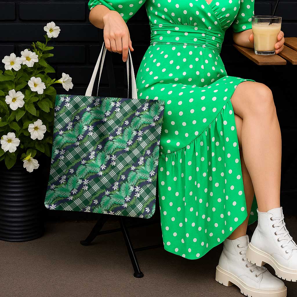 Polynesian Monstera Tiare Floral Tote Bag Forest Green Tropical Plaid - Polynesian Pride