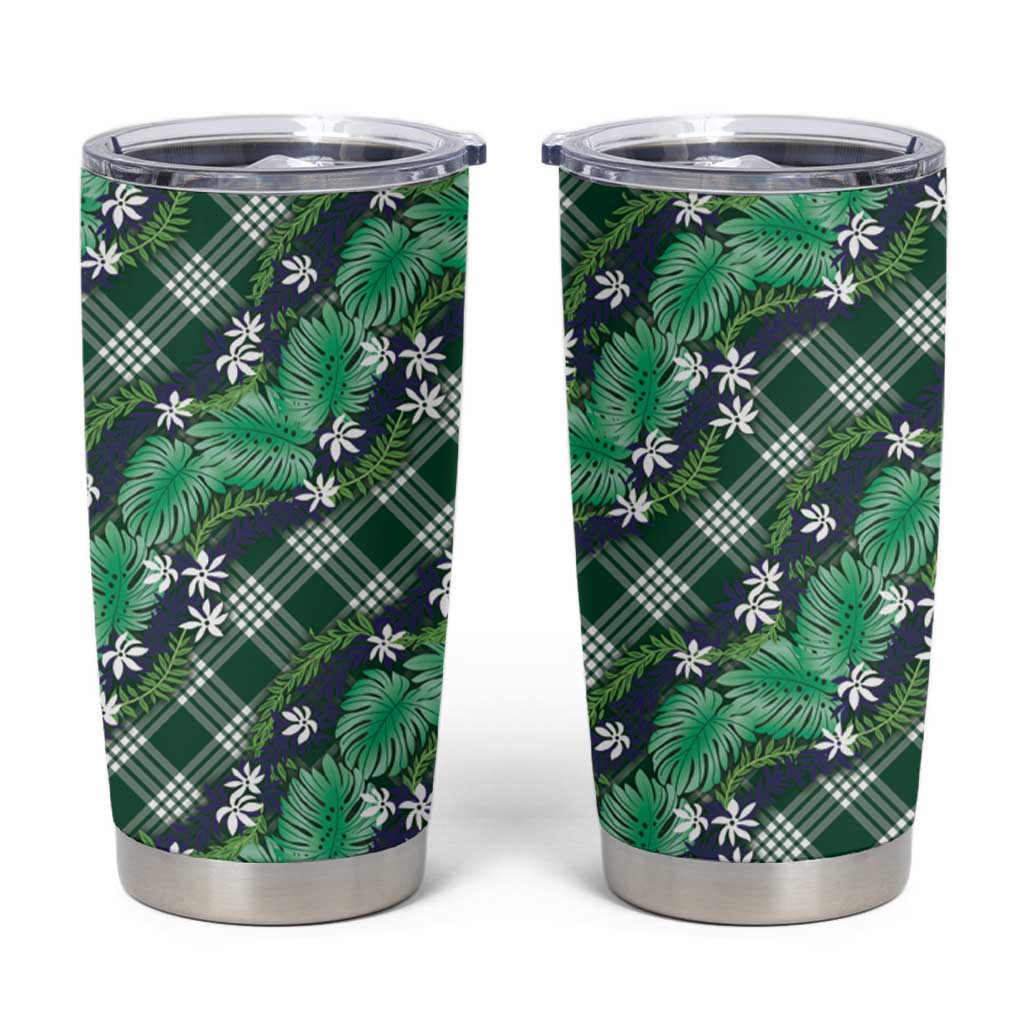 Polynesian Monstera Tiare Floral Tumbler Cup Forest Green Tropical Plaid LT01 Green - Polynesian Pride