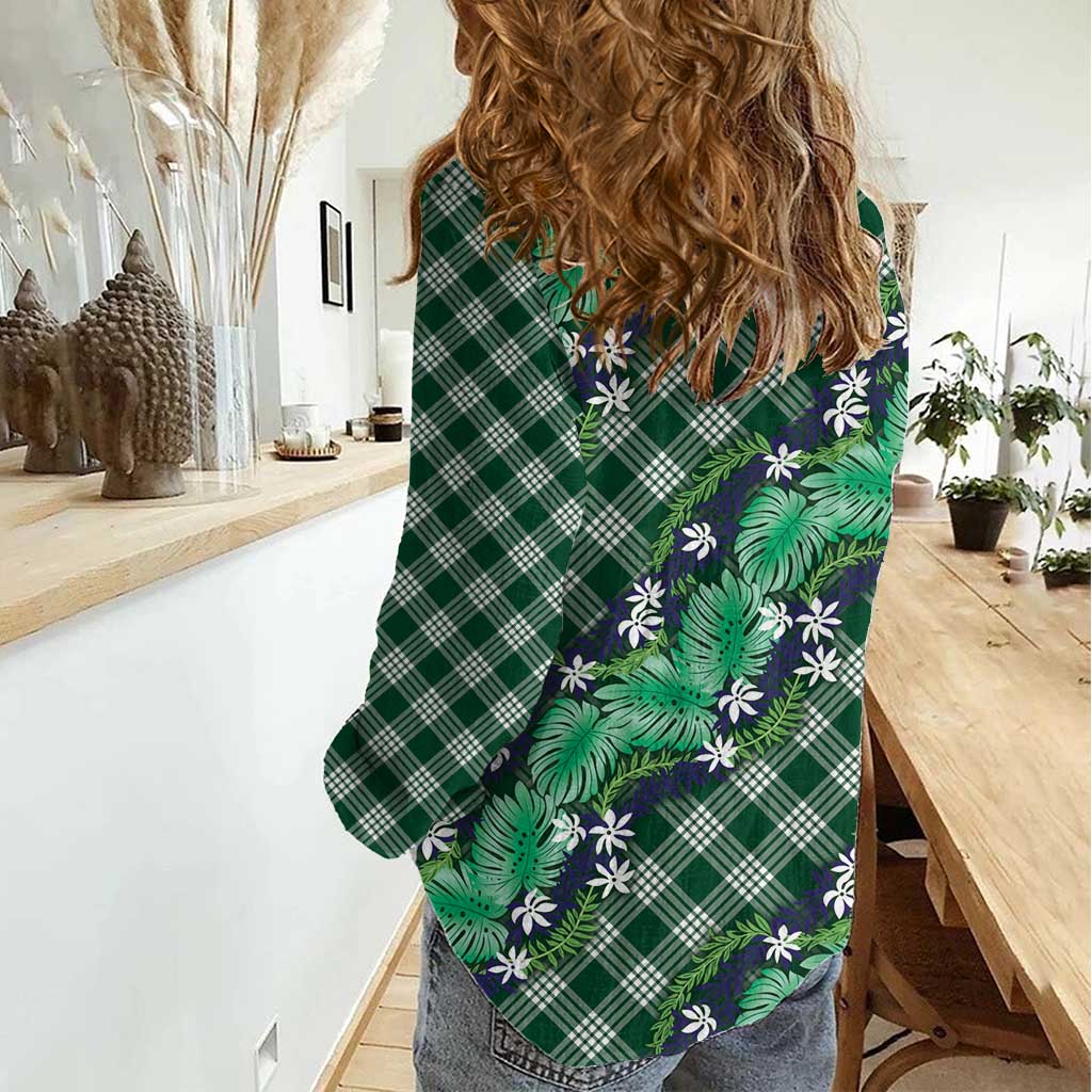 Polynesian Monstera Tiare Floral Women Casual Shirt Forest Green Tropical Plaid LT01 - Polynesian Pride