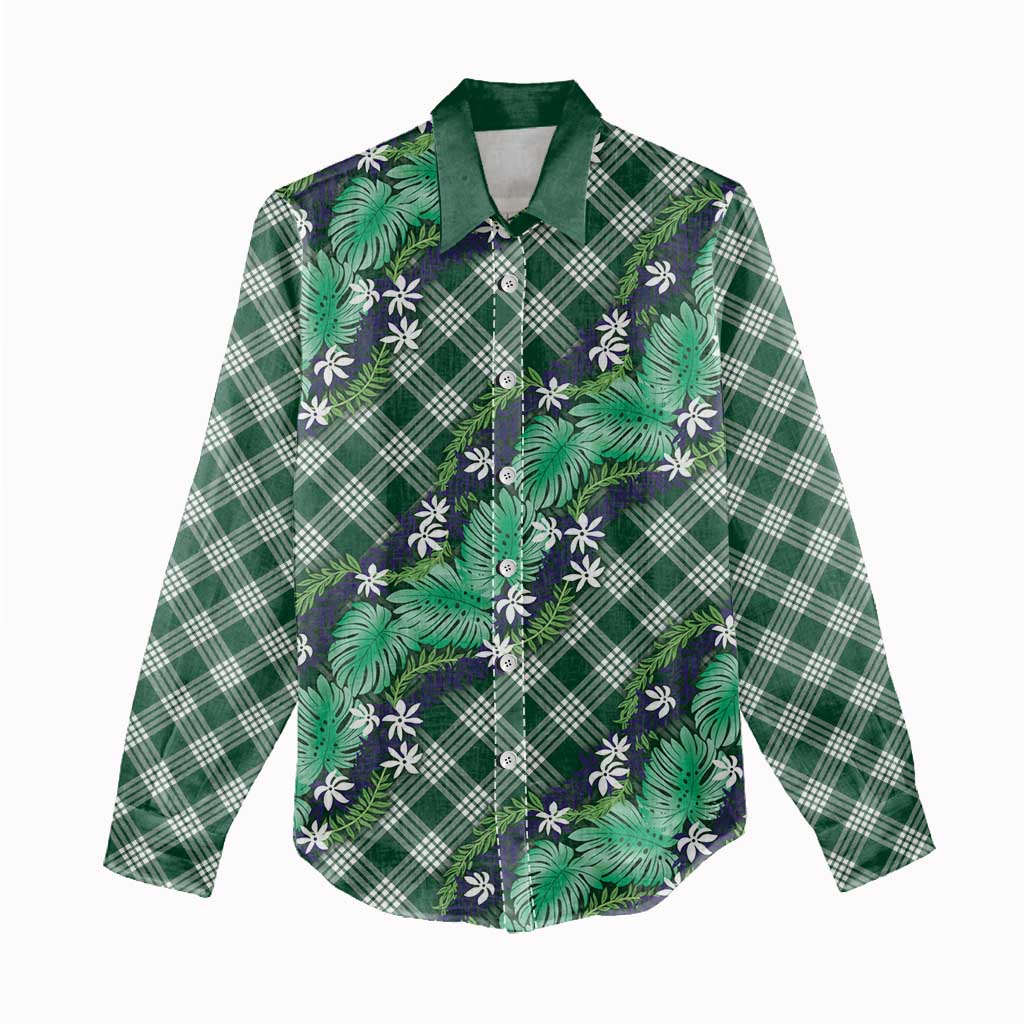 Polynesian Monstera Tiare Floral Women Casual Shirt Forest Green Tropical Plaid LT01 - Polynesian Pride