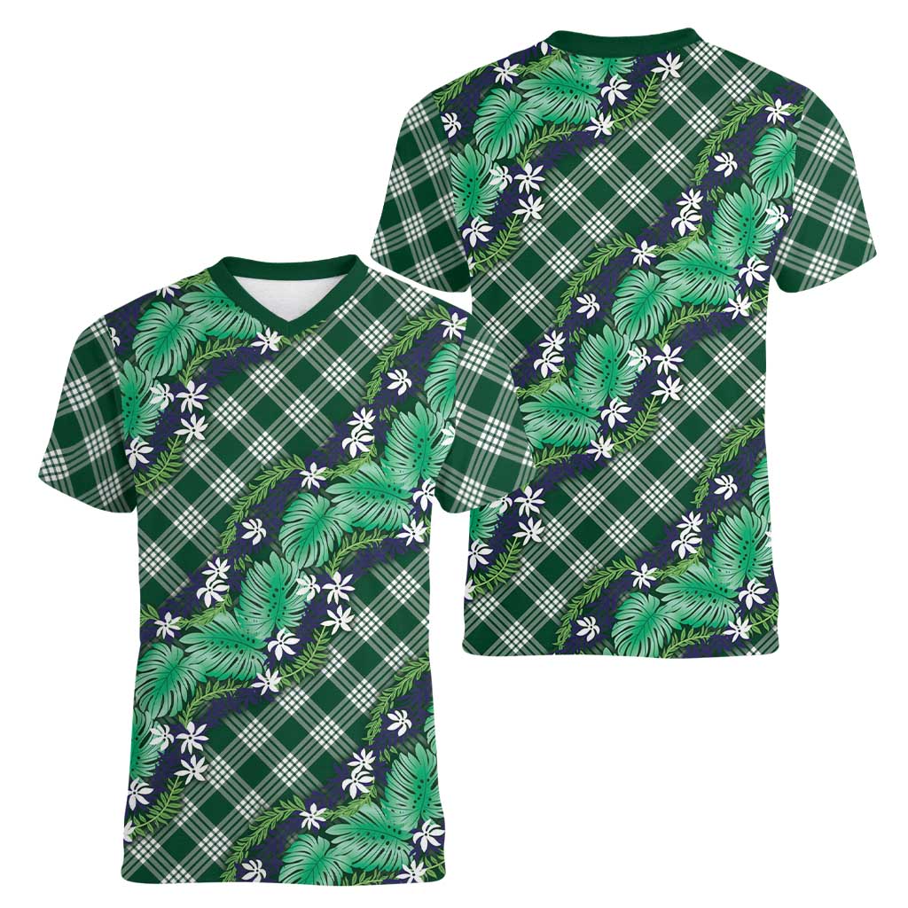 Polynesian Monstera Tiare Floral Women V-Neck T-Shirt Forest Green Tropical Plaid - Polynesian Pride