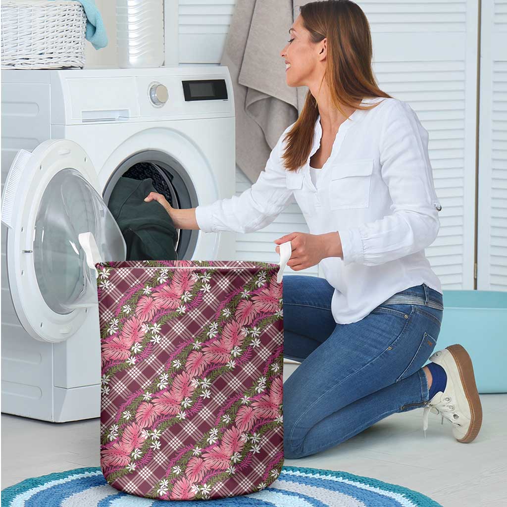 Polynesian Monstera Tiare Floral Laundry Basket Fuchsia Tropical Plaid - Polynesian Pride