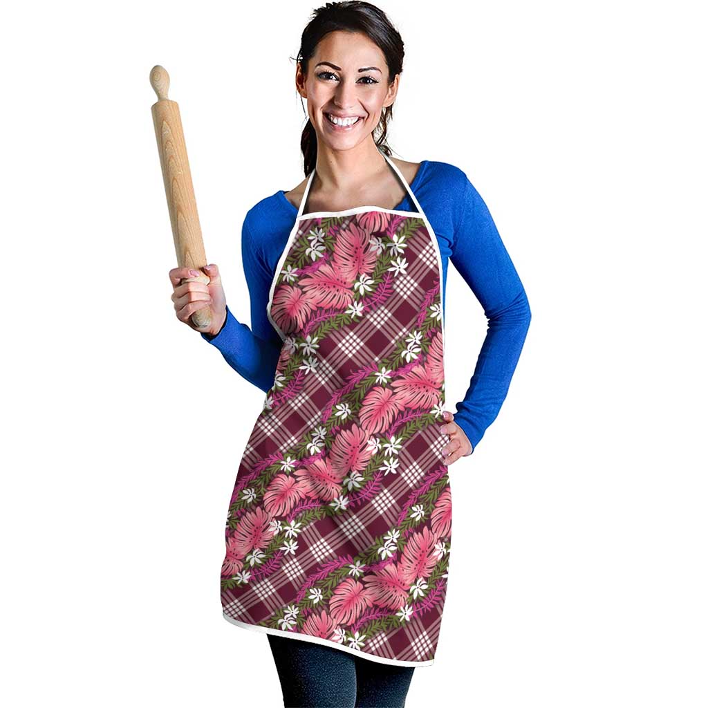 Polynesian Monstera Tiare Floral Apron Fuchsia Tropical Plaid - Polynesian Pride