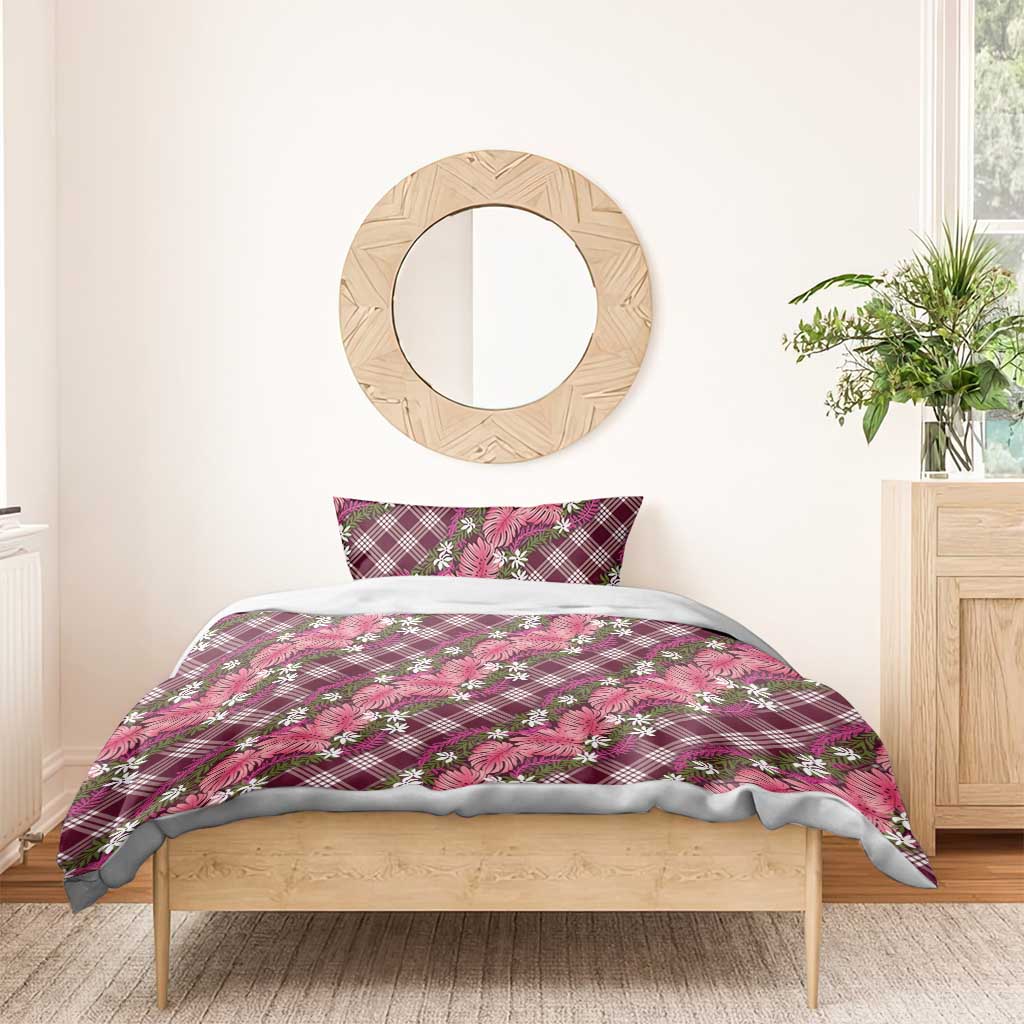 Polynesian Monstera Tiare Floral Bedding Set Fuchsia Tropical Plaid - Polynesian Pride