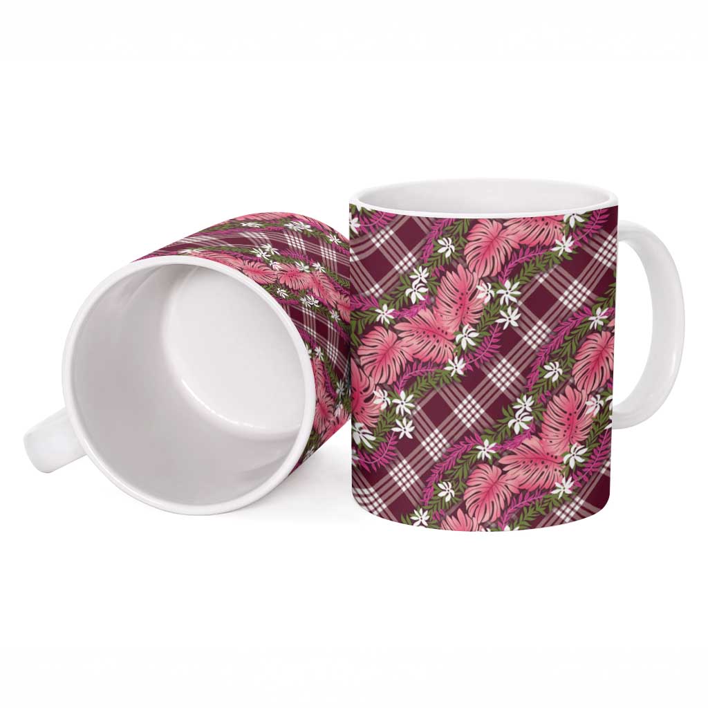Polynesian Monstera Tiare Floral Ceramic Mug Fuchsia Tropical Plaid - Polynesian Pride