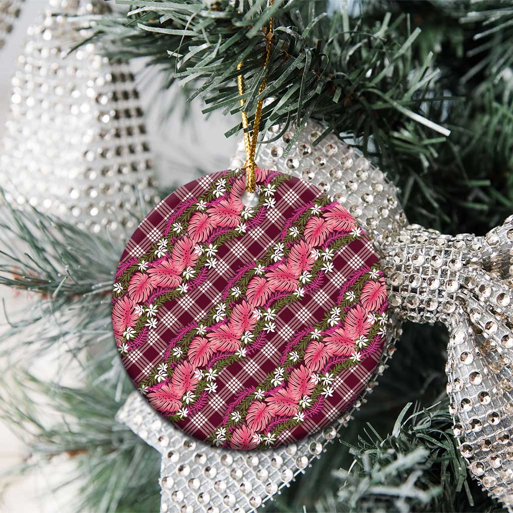 Polynesian Monstera Tiare Floral Ceramic Ornament Fuchsia Tropical Plaid - Polynesian Pride
