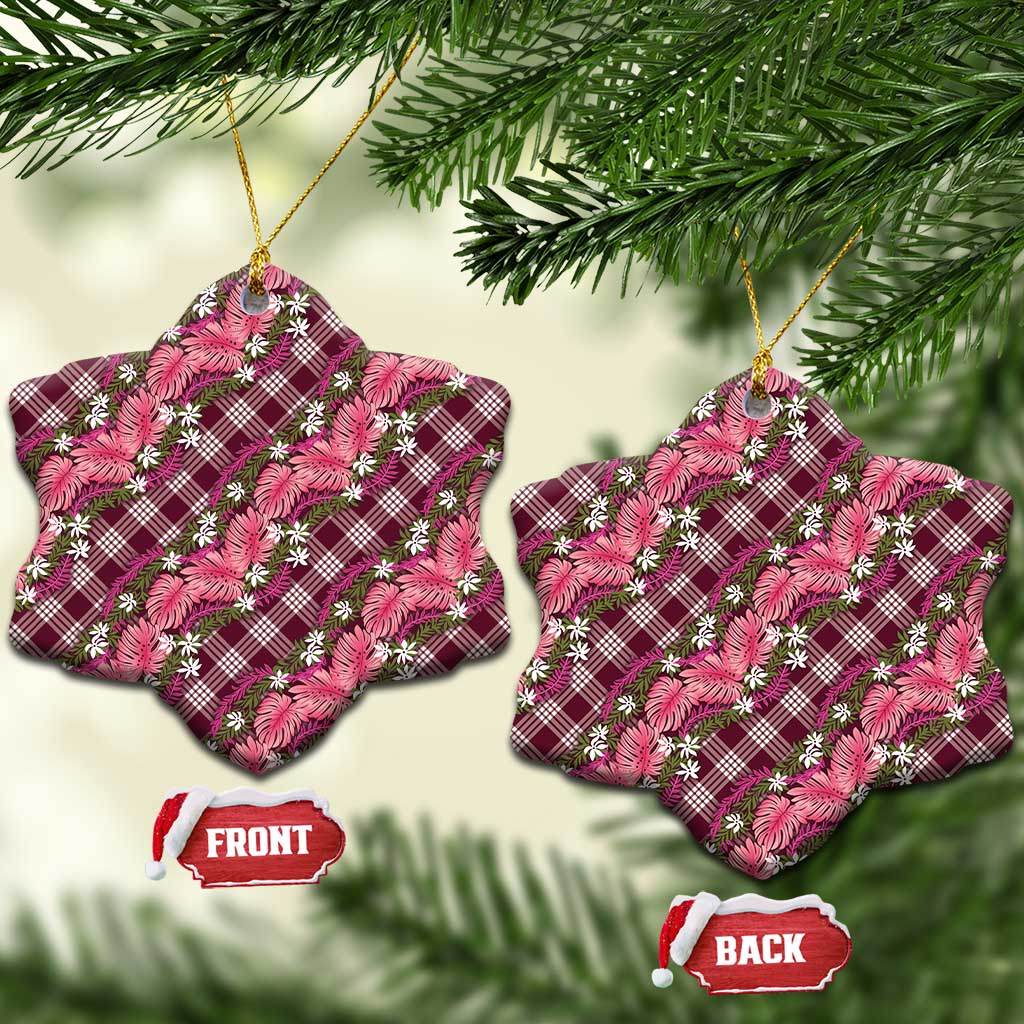 Polynesian Monstera Tiare Floral Ceramic Ornament Fuchsia Tropical Plaid - Polynesian Pride