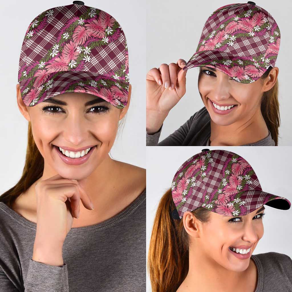 Polynesian Monstera Tiare Floral Classic Cap Fuchsia Tropical Plaid - Polynesian Pride