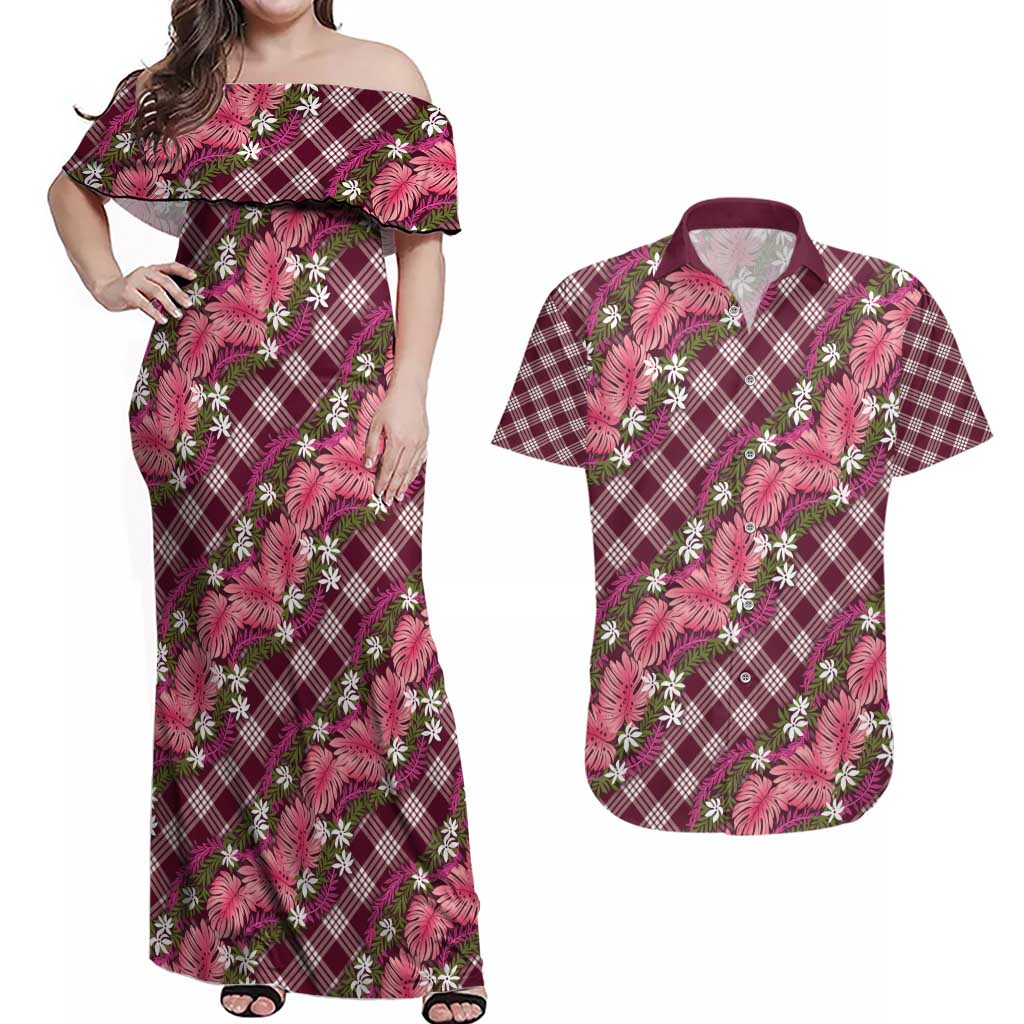 Polynesian Monstera Tiare Floral Couples Matching Off Shoulder Maxi Dress and Hawaiian Shirt Fuchsia Tropical Plaid LT01 Pink - Polynesian Pride