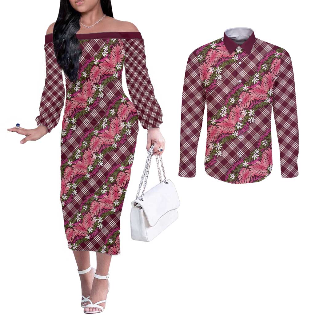 Polynesian Monstera Tiare Floral Couples Matching Off The Shoulder Long Sleeve Dress and Long Sleeve Button Shirt Fuchsia Tropical Plaid LT01 Pink - Polynesian Pride