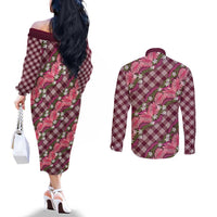 Polynesian Monstera Tiare Floral Couples Matching Off The Shoulder Long Sleeve Dress and Long Sleeve Button Shirt Fuchsia Tropical Plaid LT01 - Polynesian Pride