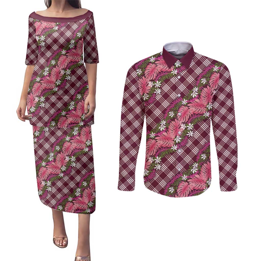 Polynesian Monstera Tiare Floral Couples Matching Puletasi and Long Sleeve Button Shirt Fuchsia Tropical Plaid - Polynesian Pride