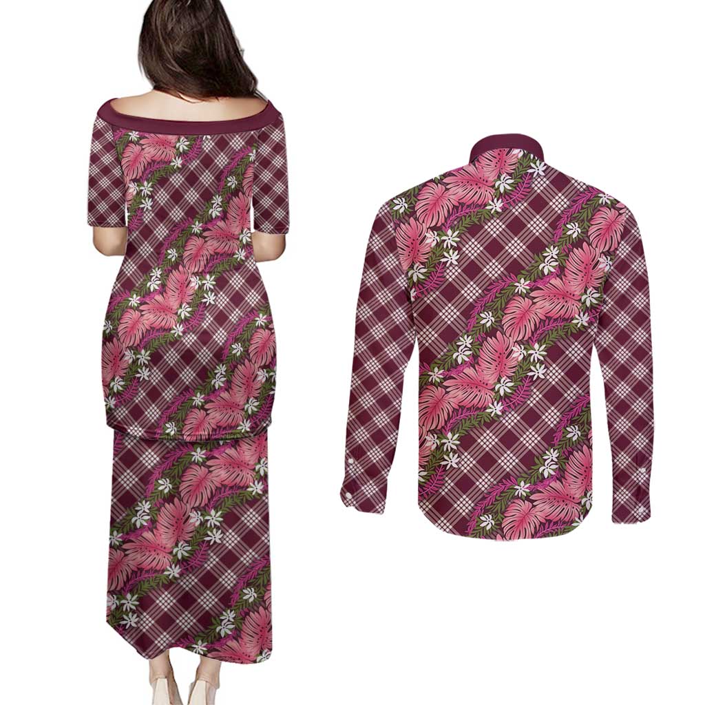 Polynesian Monstera Tiare Floral Couples Matching Puletasi and Long Sleeve Button Shirt Fuchsia Tropical Plaid - Polynesian Pride