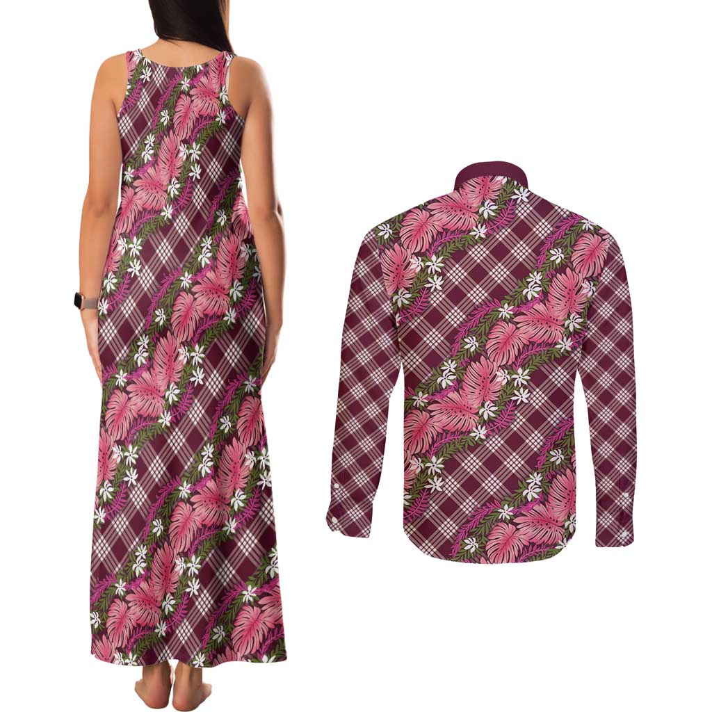 Polynesian Monstera Tiare Floral Couples Matching Tank Maxi Dress and Long Sleeve Button Shirt Fuchsia Tropical Plaid - Polynesian Pride