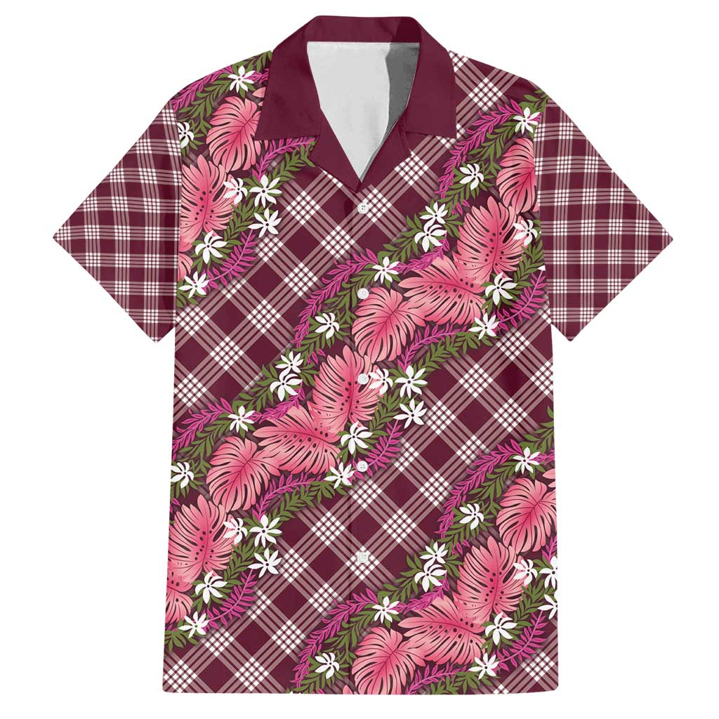 Polynesian Monstera Tiare Floral Family Matching Long Sleeve Bodycon Dress and Hawaiian Shirt Fuchsia Tropical Plaid LT01 Dad's Shirt - Short Sleeve Pink - Polynesian Pride