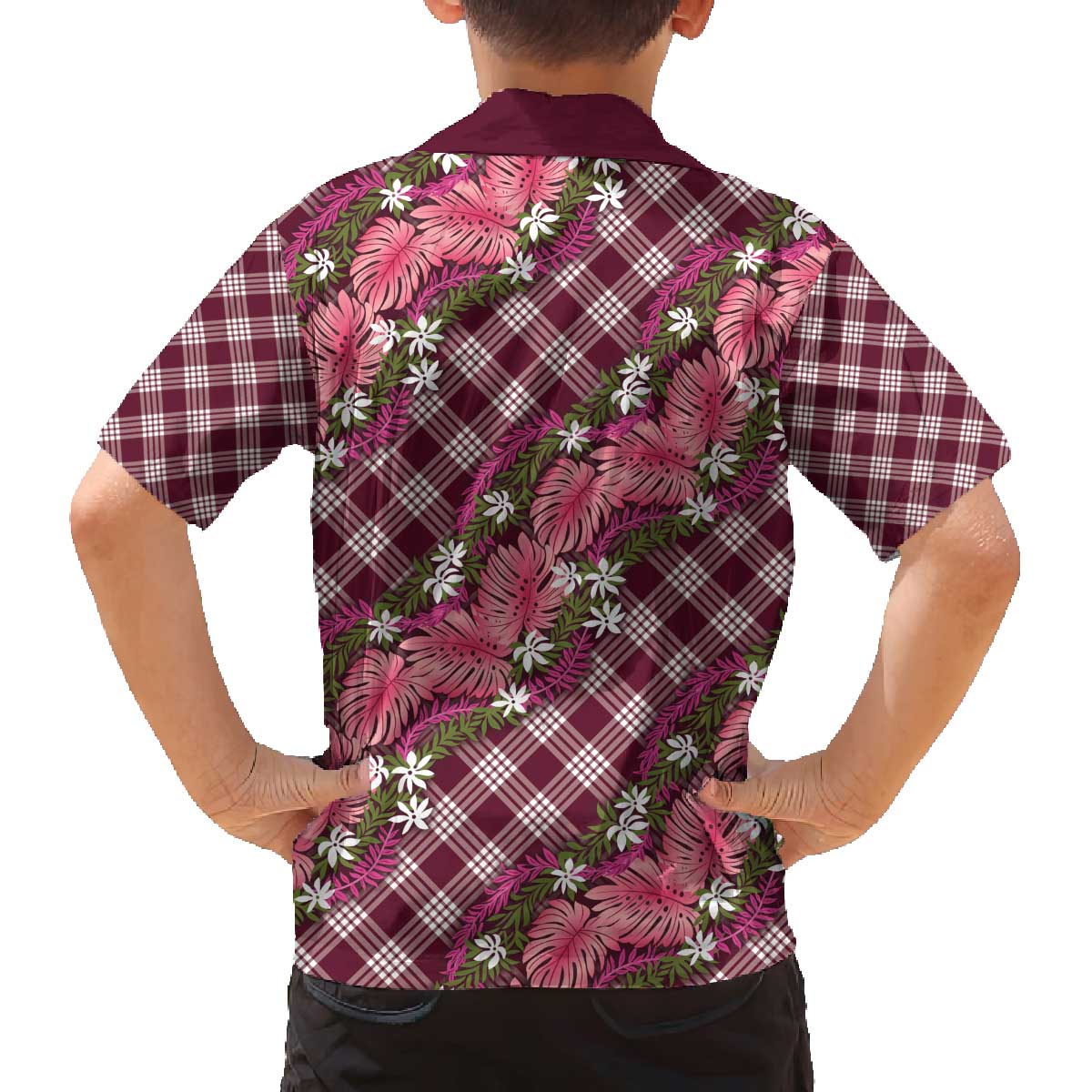 Polynesian Monstera Tiare Floral Family Matching Off The Shoulder Long Sleeve Dress and Hawaiian Shirt Fuchsia Tropical Plaid LT01 - Polynesian Pride