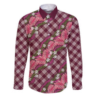 Polynesian Monstera Tiare Floral Family Matching Off The Shoulder Long Sleeve Dress and Hawaiian Shirt Fuchsia Tropical Plaid LT01 Dad's Shirt - Long Sleeve Pink - Polynesian Pride