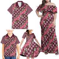 Polynesian Monstera Tiare Floral Family Matching Off Shoulder Maxi Dress and Hawaiian Shirt Fuchsia Tropical Plaid LT01 - Polynesian Pride
