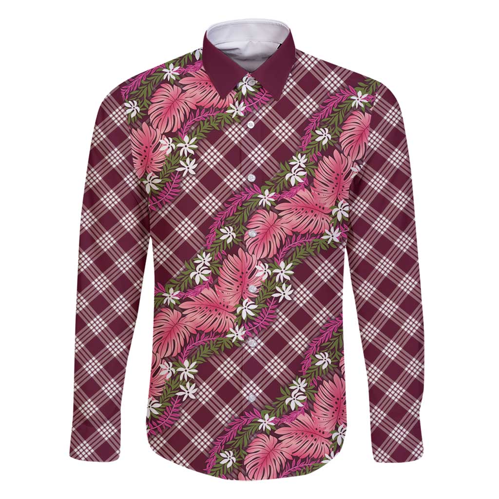 Polynesian Monstera Tiare Floral Family Matching Off Shoulder Maxi Dress and Hawaiian Shirt Fuchsia Tropical Plaid LT01 Dad's Shirt - Long Sleeve Pink - Polynesian Pride