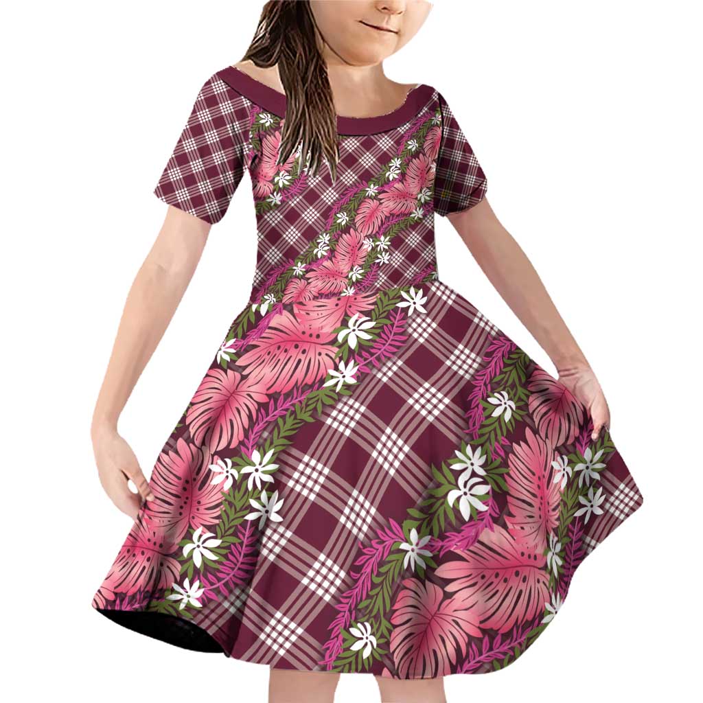 Polynesian Monstera Tiare Floral Family Matching Off Shoulder Short Dress and Hawaiian Shirt Fuchsia Tropical Plaid LT01 Daughter's Dress Pink - Polynesian Pride