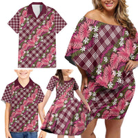 Polynesian Monstera Tiare Floral Family Matching Off Shoulder Short Dress and Hawaiian Shirt Fuchsia Tropical Plaid LT01 - Polynesian Pride