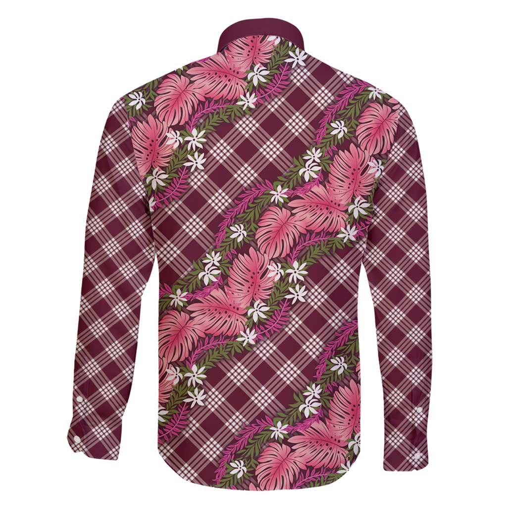 Polynesian Monstera Tiare Floral Family Matching Off Shoulder Short Dress and Hawaiian Shirt Fuchsia Tropical Plaid LT01 - Polynesian Pride