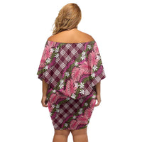 Polynesian Monstera Tiare Floral Family Matching Off Shoulder Short Dress and Hawaiian Shirt Fuchsia Tropical Plaid LT01 - Polynesian Pride